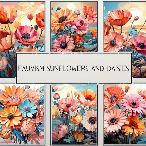 20 Fauvism Sunflowers and Daisies Clipart | Pink, Sky Blue, Coral, Orange, Lime Green | White Background | 300 DPI | PNG