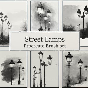May include: A set of six black and white digital brushes for Procreate, featuring various styles of street lamps. The brushes are designed to create realistic and detailed street lamp illustrations.