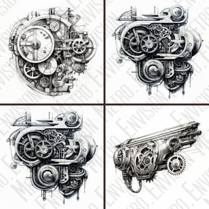 Pode incluir: Quatro ilustra&ccedil;&otilde;es detalhadas em tons de cinza de componentes mec&acirc;nicos em estilo steampunk. Cada imagem apresenta engrenagens, rodas e outras pe&ccedil;as de m&aacute;quinas intrincadas, renderizadas com linhas precisas e sombreamento. Os designs sugerem uma est&eacute;tica industrial complexa.