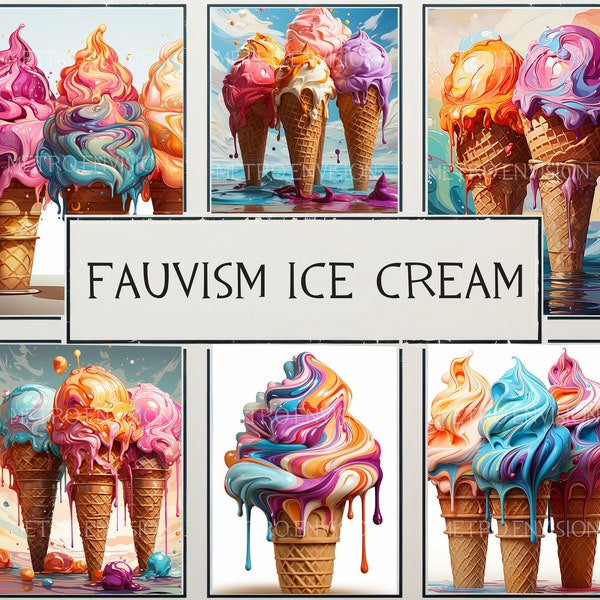 20 Fauvism Ice Cream Cones | Clipart | Pink, Turquoise, Vibrant Orange, Coral Colors | White Background | 300 DPI | PNG