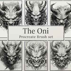 May include: A set of six black and white digital brushes for Procreate, featuring detailed illustrations of Oni, Japanese demon figures. The Oni have horns, fangs, and intricate facial details.