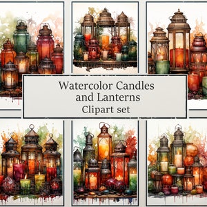 Acuarela Otoño Velas y Linternas Clipart / Acogedor Ambiente de Otoño / Arte Digital / 300 DPI / PNG
