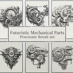 Pode incluir: Seis ilustra&ccedil;&otilde;es em tons de cinza de pe&ccedil;as mec&acirc;nicas futuristas, com engrenagens e mecanismos de rel&oacute;gio intrincados. O texto diz "Futuristic Mechanical Parts Procreate Brush set". Os desenhos s&atilde;o muito detalhados.