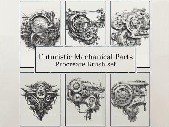 20 Futuristic Mechanical Parts Procreate Stamp Brushes | Realistic Charcoal Drawing