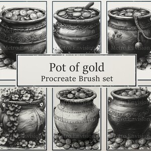 Pode incluir: Um conjunto de seis pincéis Procreate que representam diferentes estilos de potes cheios de moedas de ouro. Os potes são desenhados em um estilo realista com detalhes intrincados e sombreamento.