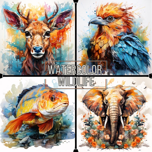 20 Vibrant Watercolor Wildlife Clipart | Bright Colors | White Background | 300 DPI | PNG