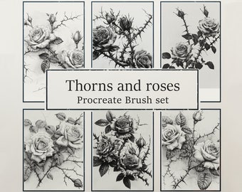May include: A set of six black and white illustrations of roses with thorns. The illustrations are labeled "Thorns and roses Procreate Brush set".