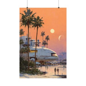 May include: A poster print of a futuristic cityscape at sunset. A large white structure with a rounded front is surrounded by palm trees. Two moons are visible in the orange sky, and people are walking on a beach.