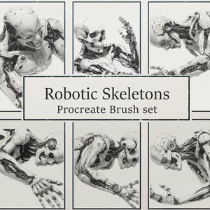 May include: A set of six black and white illustrations of robotic skeletons in different poses. The illustrations are labeled "Robotic Skeletons Procreate Brush set".