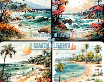 20 Vibrant Watercolor Beach and Coastal Elements Clipart | Bright Colors | White Background | 300 DPI | PNG