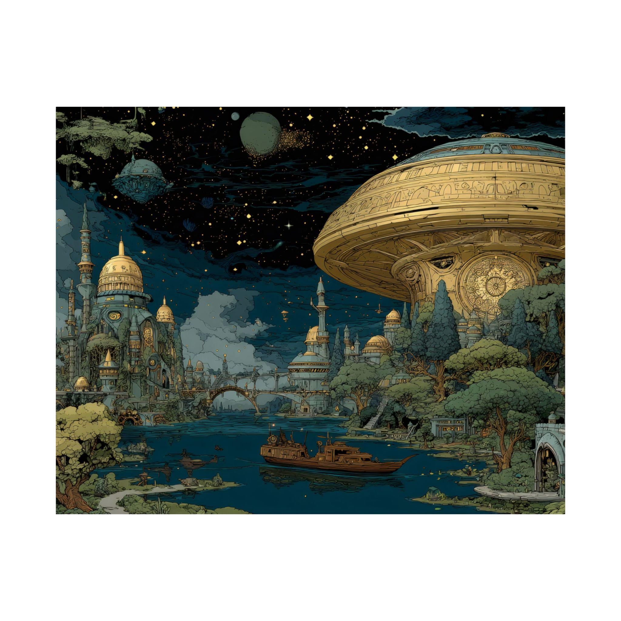 Retro Sci Fi City Poster, Pixel Art Space Harbor Wall Art, Futuristic ...