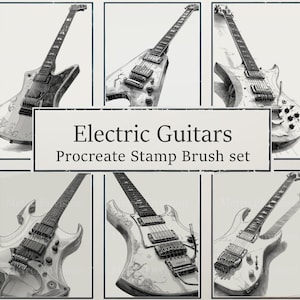 May include: Black and white illustration of six electric guitars. The image includes a variety of guitar shapes and designs, with the text "Electric Guitars Procreate Stamp Brush set" in the center.