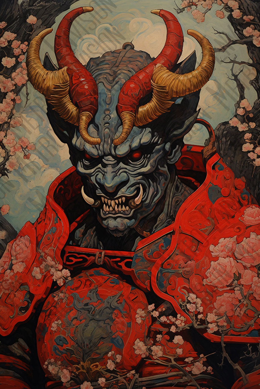 Samurai Demon Oni PNG Digital Painting Japanese Mythical Warrior 