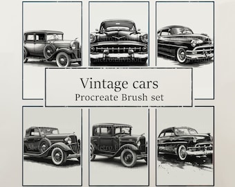 Más de 25 coches retro antiguos / Juego de pinceles para sellos Procreate / Arte con carboncillo / Tatuajes creativos salvajes / 300 DPI / 4K