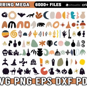 May include: A digital download of 6000+ SVG, PNG, EPS, DXF, and PDF files for earring designs. The designs are a mix of geometric shapes, animals, plants, and other abstract patterns in a variety of colors, including black, white, orange, yellow, green, blue, and pink.