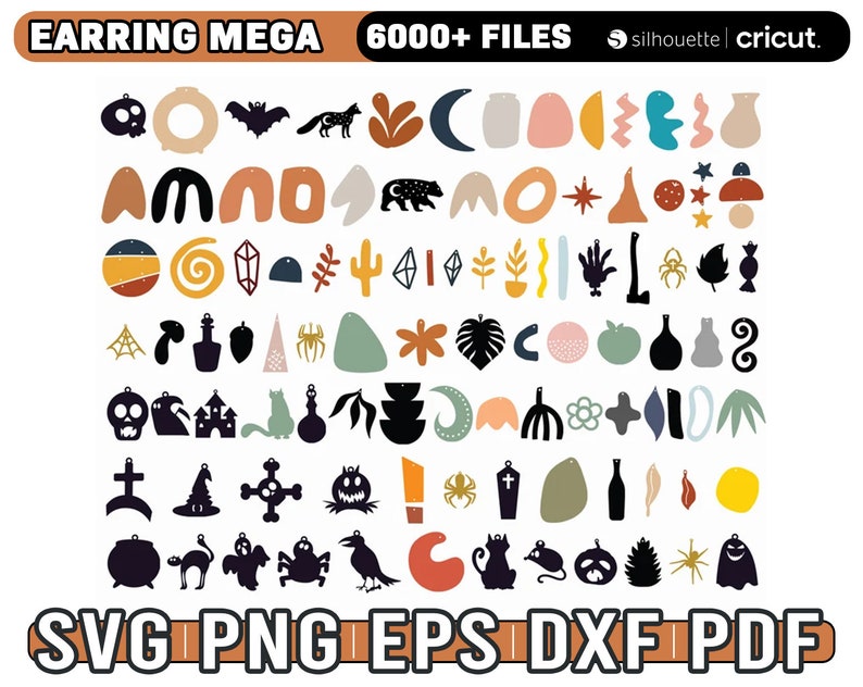 May include: A digital download of 6000+ SVG, PNG, EPS, DXF, and PDF files for earring designs. The designs are a mix of geometric shapes, animals, plants, and other abstract patterns in a variety of colors, including black, white, orange, yellow, green, blue, and pink.