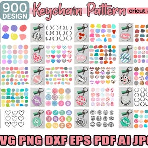 May include: A digital download of 900 keychain patterns in various styles, including hearts, stars, circles, and geometric shapes. The patterns are designed for use with Cricut and Silhouette cutting machines. The text "900 DESIGN Keychain Pattern cricut. silhouette" is displayed at the top of the image.