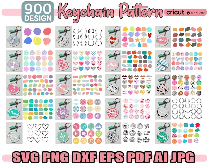 May include: A digital download of 900 keychain patterns in various styles, including hearts, stars, circles, and geometric shapes. The patterns are designed for use with Cricut and Silhouette cutting machines. The text "900 DESIGN Keychain Pattern cricut. silhouette" is displayed at the top of the image.