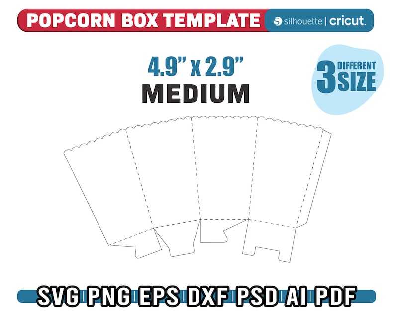 May include: A printable template for a popcorn box, measuring 4.9 inches by 2.9 inches. The template is designed for use with a cutting machine, such as a Cricut or Silhouette.