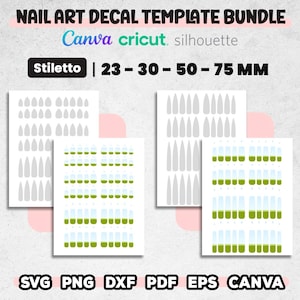 May include: Nail art decal template bundle with stiletto nail designs. Includes various sizes: 23, 30, 50, and 75 mm. Compatible with Canva, Cricut, and Silhouette. Formats include SVG, PNG, DXF, PDF, and EPS.