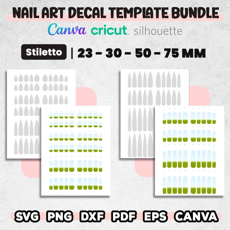 May include: Nail art decal template bundle with stiletto nail designs. Includes various sizes: 23, 30, 50, and 75 mm. Compatible with Canva, Cricut, and Silhouette. Formats include SVG, PNG, DXF, PDF, and EPS.