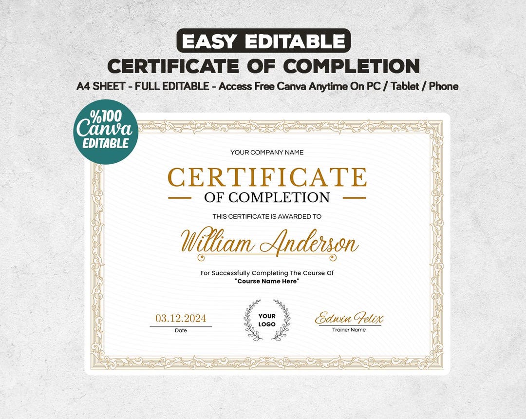 Easy Editable Certificate of Completion Template, Printable Certificate ...