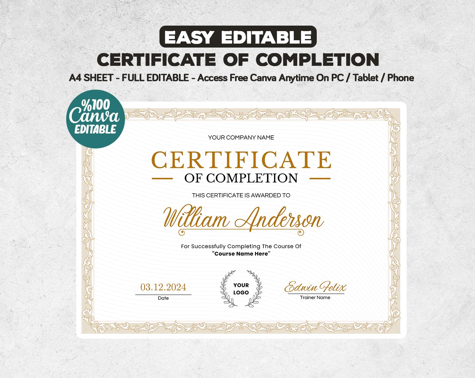 Easy Editable Certificate of Completion Template, Printable Certificate ...