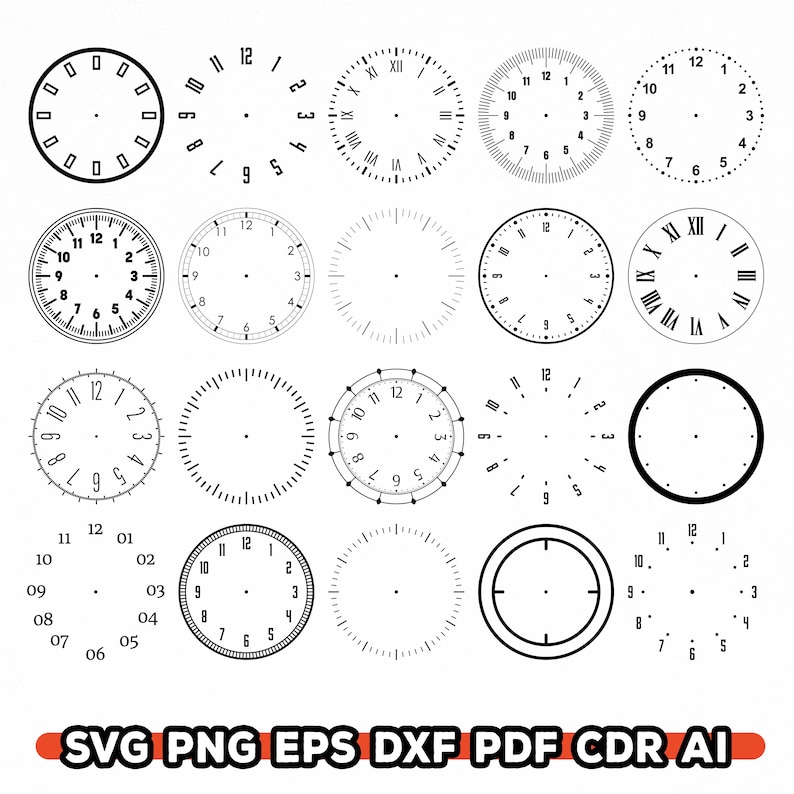 Pu&ograve; includere: Una collezione di quadranti di orologio in bianco e nero, con vari stili di numeri e segni. I design includono numeri romani e arabi. Il testo "SVG PNG EPS DXF PDF CDR AI" &egrave; anch'esso presente.