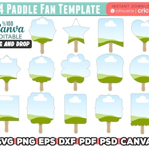 May include: 14 paddle fan templates for Canva, featuring a variety of shapes including a star, heart, circle, square, and more. The templates are editable and feature a blue sky with white clouds and green grass.