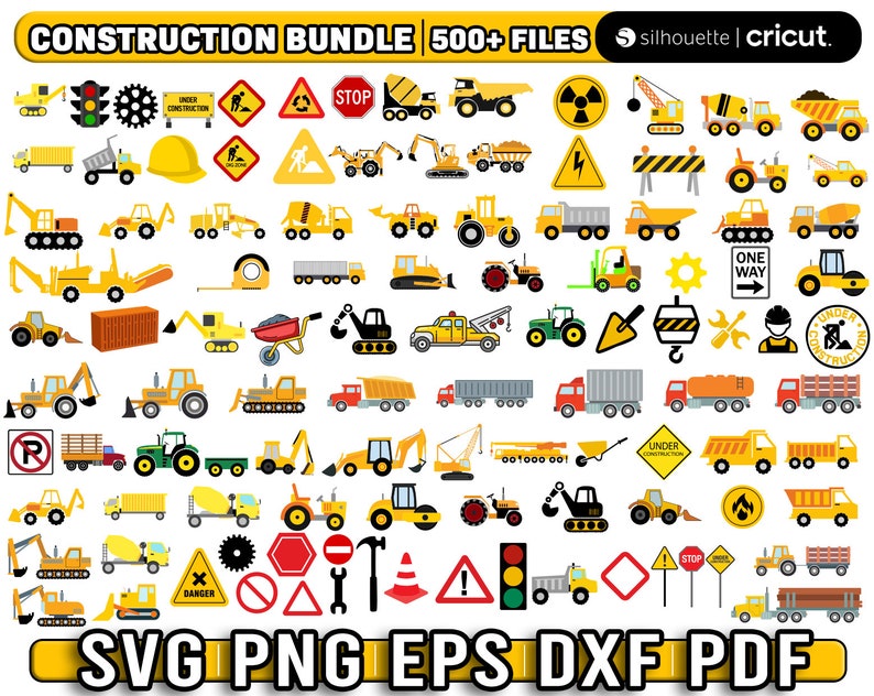 Puede incluir: Una gran colecci&oacute;n de archivos SVG, PNG, EPS, DXF y PDF con tem&aacute;tica de construcci&oacute;n. La imagen muestra una variedad de veh&iacute;culos de construcci&oacute;n, herramientas y se&ntilde;ales. El texto "CONSTRUCTION BUNDLE 500+ FILES" est&aacute; en la parte superior de la imagen.