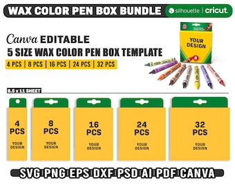 Wax Color Pen Gift Box Template Bundle, 32pcs Crayon Box Template Svg, 4 - 8 - 16 - 24 - 32 PCS Wax Crayon Box Svg, Png, Instant Download