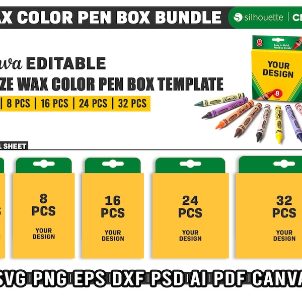 Wax Color Pen Gift Box Template Bundle, 32pcs Crayon Box Template Svg, 4 - 8 - 16 - 24 - 32 PCS Wax Crayon Box Svg, Png, Instant Download