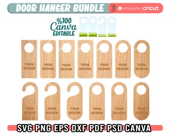 May include: A set of eight wooden door hangers with a cutout for a handle. The hangers are all the same size and shape, and they have a natural wood finish. The text "YOUR DESIGN" is printed on each hanger.