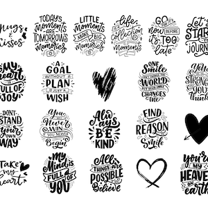 K&ouml;nnte beinhalten: Schwarz-wei&szlig;e Illustrationen von inspirierenden Zitaten und S&auml;tzen. Die Zitate beinhalten "Die Momente von heute sind die Erinnerungen von morgen", "Das Leben ist eine Sammlung von Momenten", "Mein Herz ist voller Freude", "Du wirst nie gewinnen, wenn du nie anf&auml;ngst", "Alles ist m&ouml;glich, glaube es", "Du bist der St&auml;rkere, als du denkst", "Lass uns die Reise beginnen", "Finde einen Grund zum L&auml;cheln", "Du bist mein Himmel auf Erden".