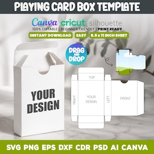 Può includere: Un modello bianco per scatola di carte da gioco con il testo YOUR DESIGN sul davanti. L'immagine include un diagramma di layout piatto etichettato con TOP, RIGHT, LEFT e FRONT, insieme a testo che indica 8.5 x 11 INCH SHEET e 100% EDITABLE.