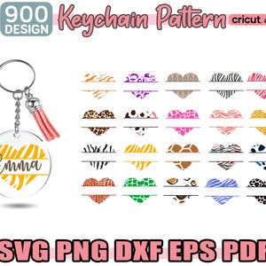 May include: A set of 20 printable heart-shaped keychain designs with different animal print patterns. The designs are split in half with a blank space in the middle for personalization. The text "Emma" is shown on a yellow and orange zebra print keychain.