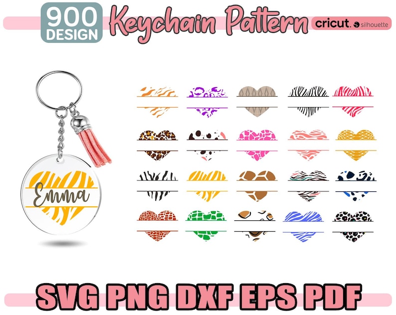 May include: A set of 20 printable heart-shaped keychain designs with different animal print patterns. The designs are split in half with a blank space in the middle for personalization. The text "Emma" is shown on a yellow and orange zebra print keychain.