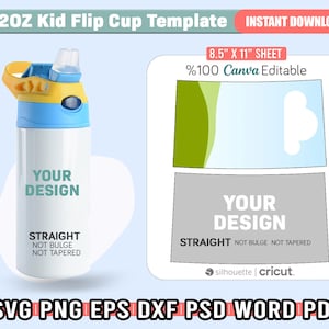 12 oz Flip Top Kids Water Bottle Sublimation Template, Prosty Flip Top Tumbler Template, Edytowalny szablon Canva, 12 oz Kids Bottle