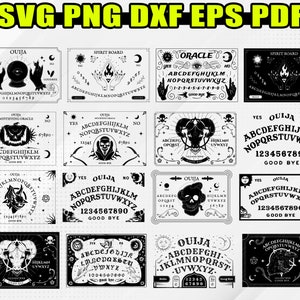 Puede incluir: Un conjunto de diez archivos digitales imprimibles en blanco y negro con diferentes dise&ntilde;os de tableros Ouija. Cada tablero tiene un dise&ntilde;o &uacute;nico con diferentes s&iacute;mbolos y gr&aacute;ficos. Los tableros incluyen las letras del alfabeto, los n&uacute;meros y las palabras "s&iacute;", "no" y "adi&oacute;s".