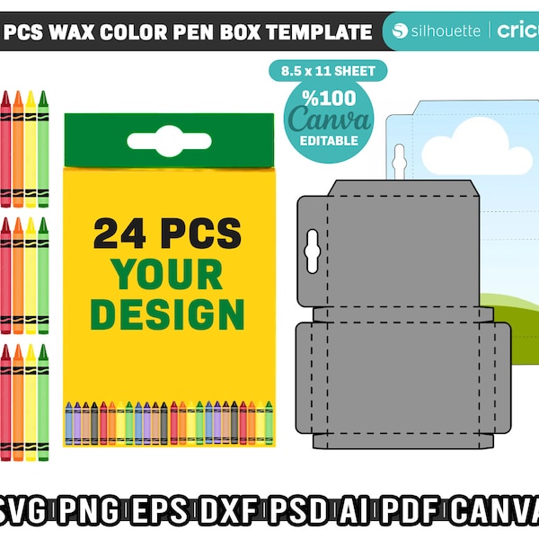 24pcs Wax Color Pen Gift Box Template, Crayon Box Template Svg, Editable Canva Template,  Wax Crayon Box Svg, Png, Dxf, Instant Download