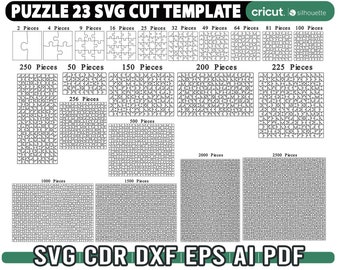23 szablon puzzle SVG, puzzle SVG, układanka SVG dla Cricut, puzzle wycinane laserowo, plik Puzzle DXF, Instant Download