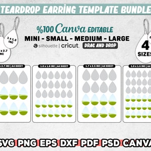May include: A digital download template bundle for creating teardrop earring designs. The bundle includes four sizes of teardrop shapes: mini, small, medium, and large. The template is 100% editable in Canva and includes SVG, PNG, EPS, DXF, PDF, PSD, and Canva file formats.