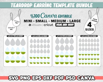 Teardrop Earring Template Bundle, 4 Size Sublimation Earring Template Svg, Tear Drop Earrings, Earrings on Canva, Dxf, Png, Instant Download