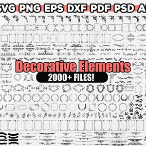装飾要素 SVG バンドル、区切り線 SVG、テキスト区切り線 SVG、矢印 SVG、境界線 SVG、結婚式 SVG、DXF、PNG、Cricut / シルエット