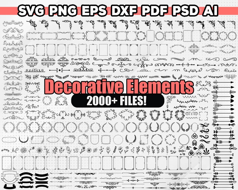 Pakiet elementów dekoracyjnych SVG, dzielniki obramowania SVG, dzielnik tekstu SVG, strzałka SVG, obramowanie SVG, wesele SVG, DXF, PNG, Cricut/sylwetka zdjęcie 1