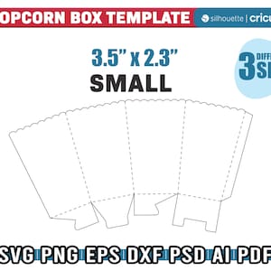 May include: A printable template for a small popcorn box, measuring 3.5 inches by 2.3 inches. The template is designed to be cut out and folded into a box shape. The template includes dotted lines for folding and solid lines for cutting.