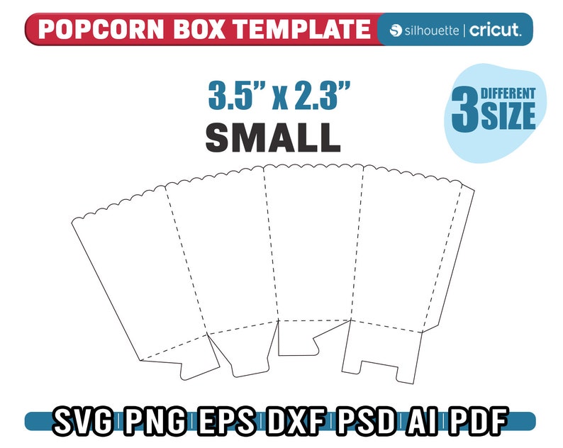 May include: A printable template for a small popcorn box, measuring 3.5 inches by 2.3 inches. The template is designed to be cut out and folded into a box shape. The template includes dotted lines for folding and solid lines for cutting.