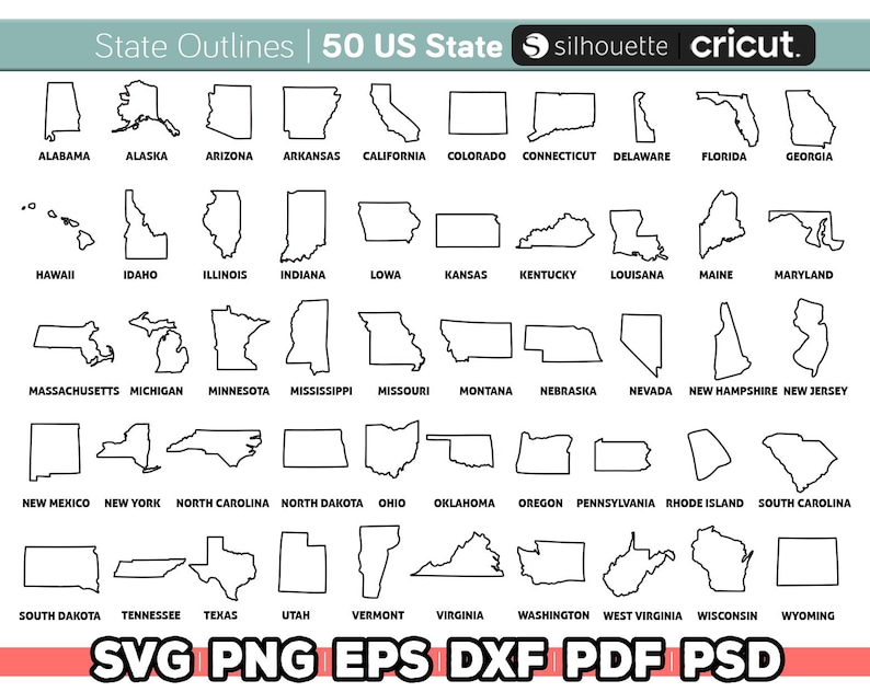 May include: A black and white outline of the 50 US states. Each state is labeled with its name. The image includes the text "State Outlines | 50 US State silhouette cricut."