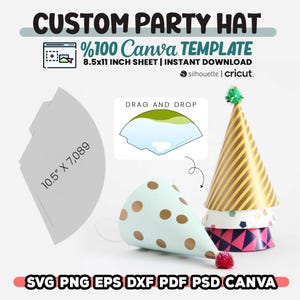 May include: A digital download template for a custom party hat. The template is designed to be used with Canva and includes a 8.5x11 inch sheet. The image shows a variety of party hats with different patterns and designs. The text "%100 Canva TEMPLATE" is visible in the image.