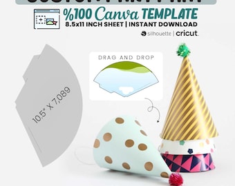 May include: A digital download template for a custom party hat. The template is designed to be used with Canva and includes a 8.5x11 inch sheet. The image shows a variety of party hats with different patterns and designs. The text "%100 Canva TEMPLATE" is visible in the image.